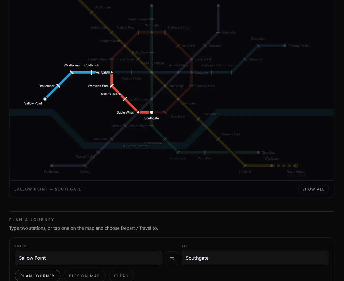 The Veyra Rail network map: five colour-coded lines, an inner circle, a river and a planned airport branch, with the Meridian lockup in the corner.