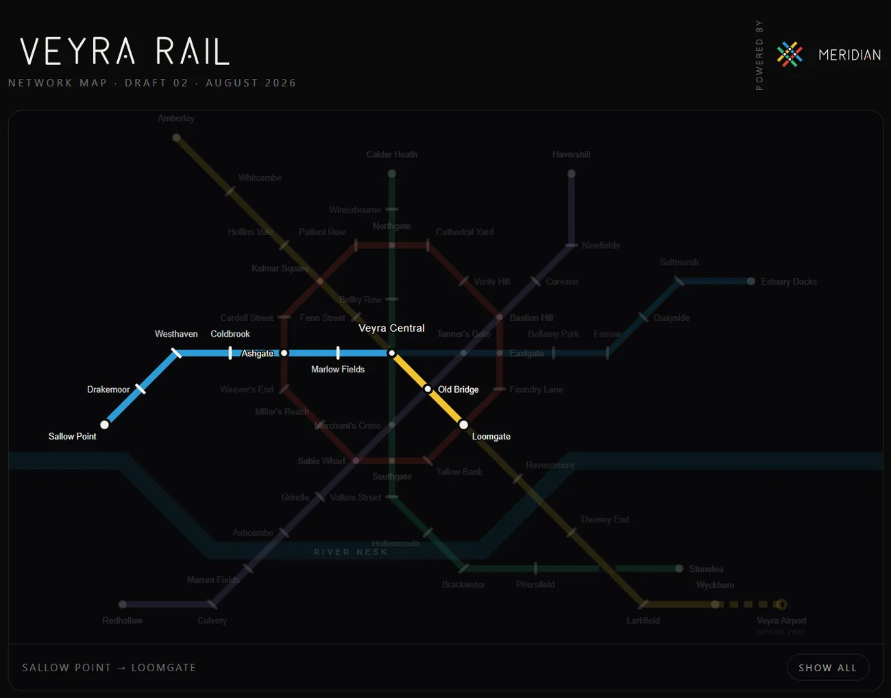 The Veyra Rail journey planner, showing eight stops and one change between Sallow Point and Loomgate, broken into two legs.