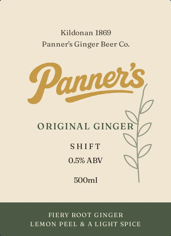 Panner's Original Ginger front label, with the tasting band in Strath Green.