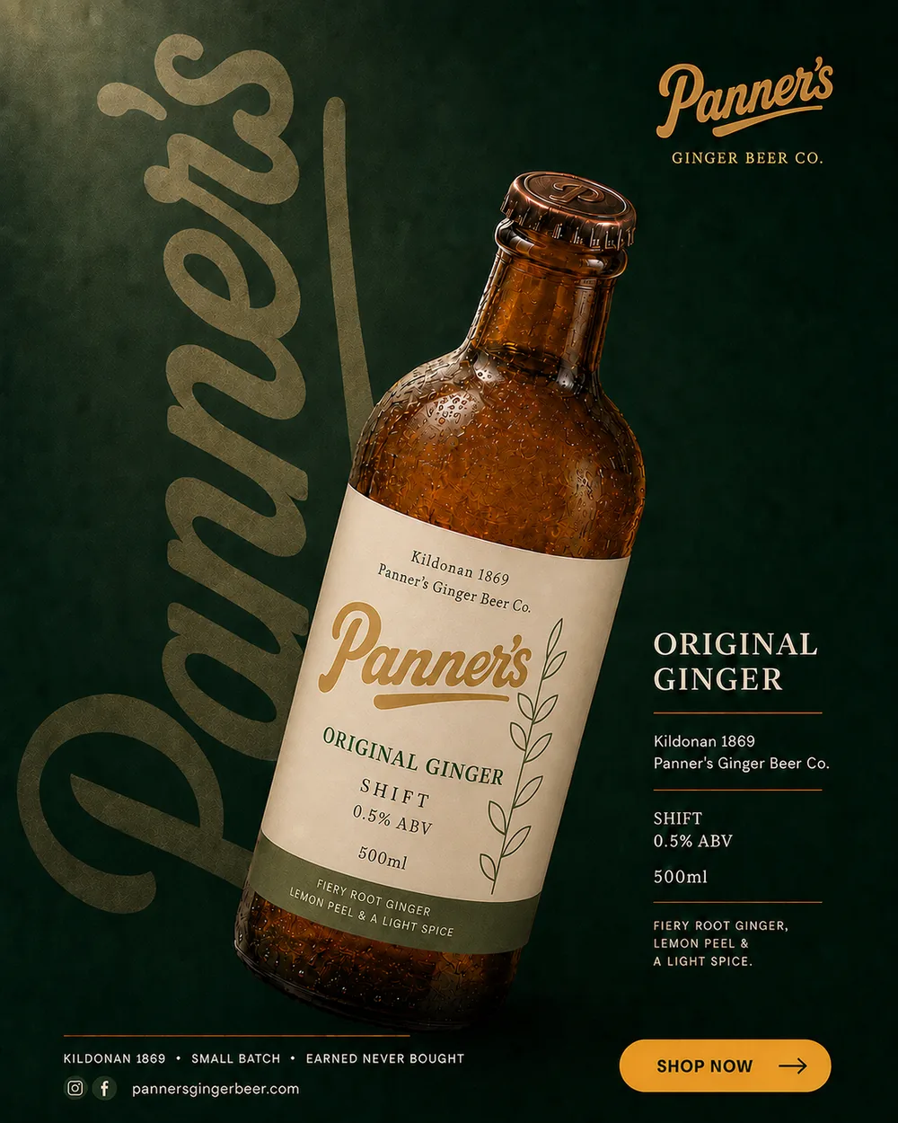 Digital advert for Panner's Original Ginger, bottle photographed on a Strath Green ground with the wordmark ghosted oversize behind.