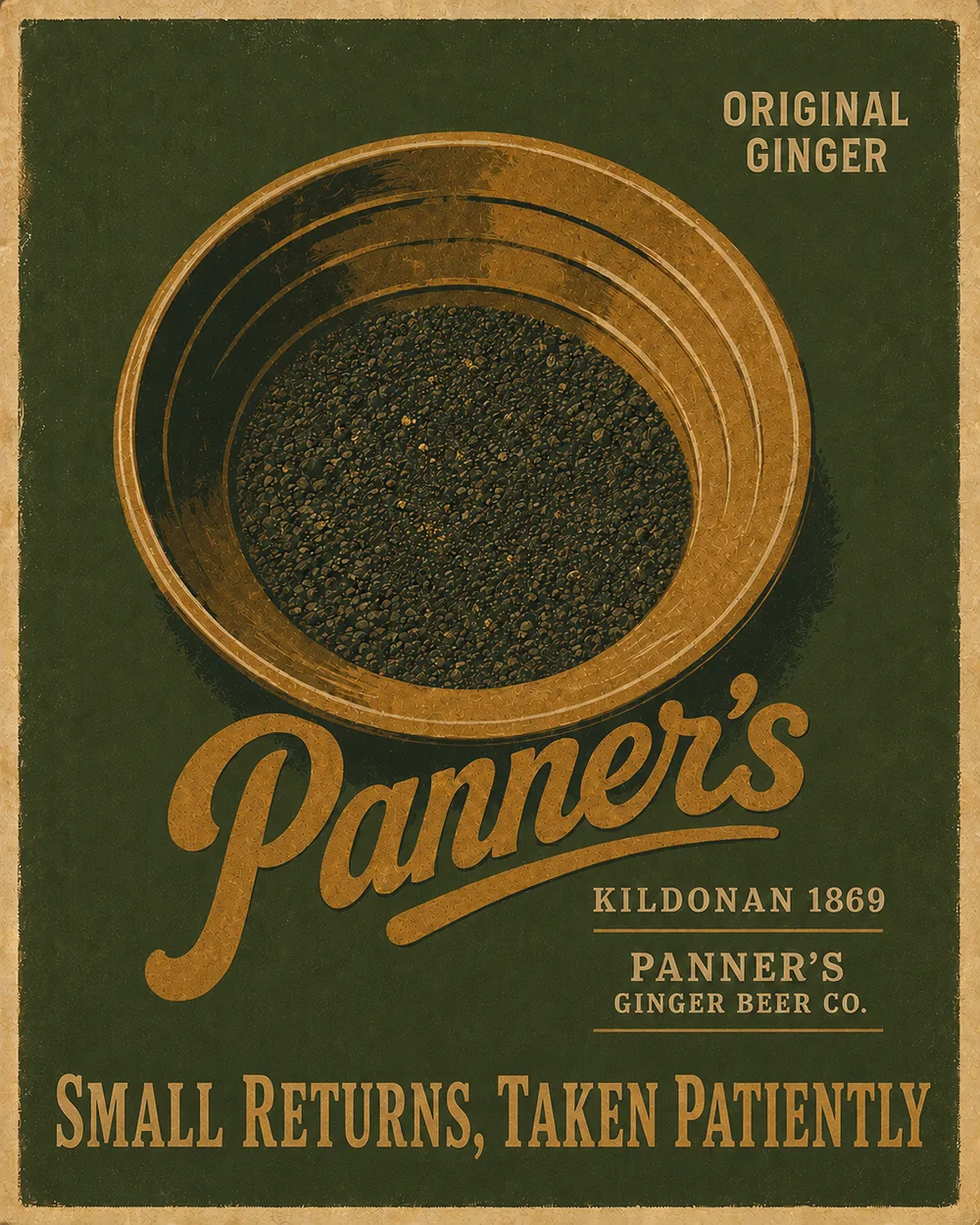 Enamel-sign style poster for Panner's, a gold pan seen from above with the strapline Small Returns, Taken Patiently across the foot.