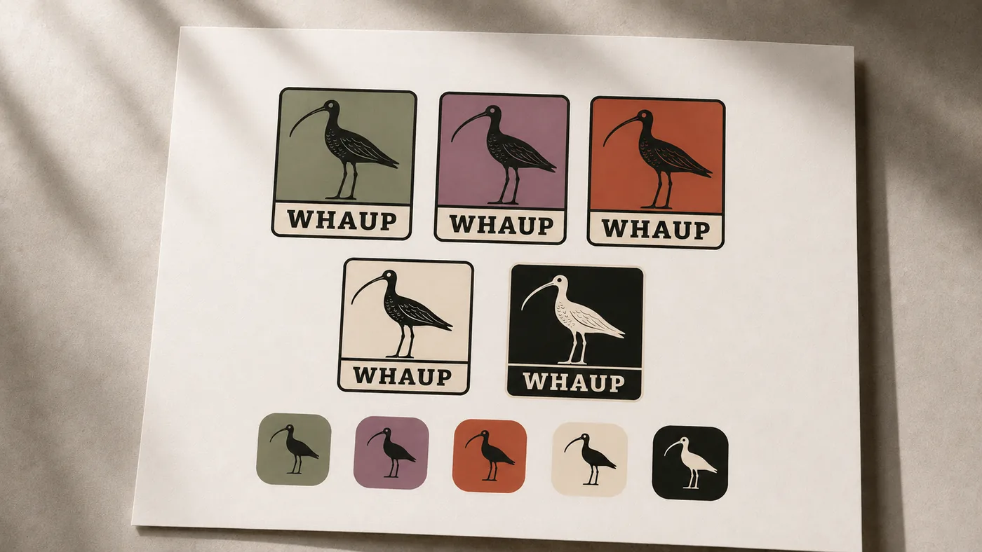 A printed sheet of Whaup Press lockups and icons in sage, heather, terracotta, cream and ink.
